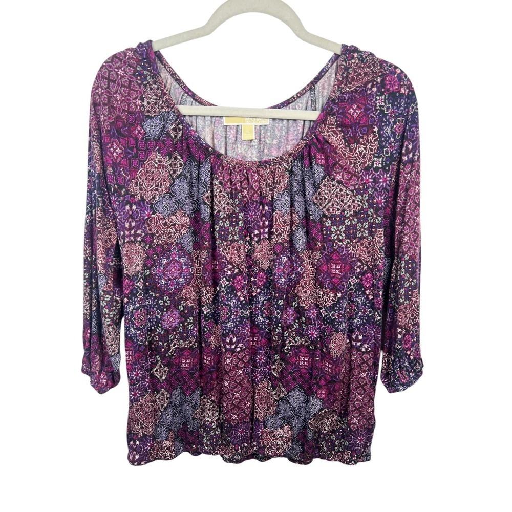 Michael Kors Medallion Cotton Modal Top Purple Mosaic Blouse 3/4 Sleeve XL